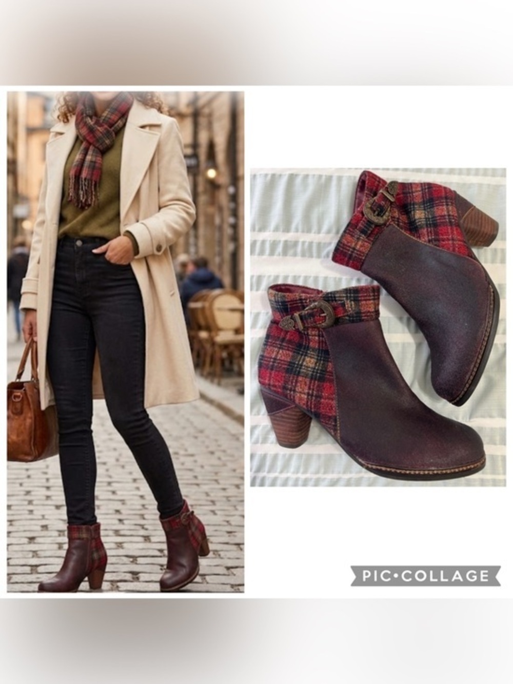 Lartiste Scottala burgundy leather plaid ankle Boots size 38